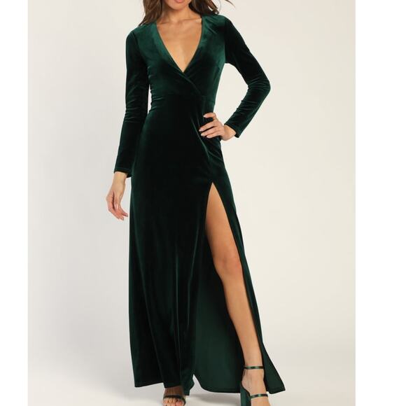 Lulus Sensational Memories Emerald Green Velvet Surplice Long Sleeve Maxi Dress - Picture 1 of 11